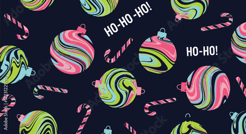 Festive Christmas pattern with ornament and candy cane decorations, perfect for vibrant holiday backgrounds and playful seasonal designs with a joyful mood