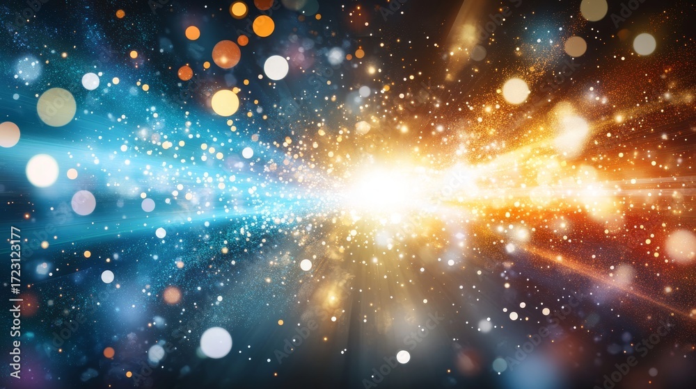Obraz premium Vibrant Abstract Light Burst with Bokeh Circles and Teal and Orange Beams in Colorful Explosion