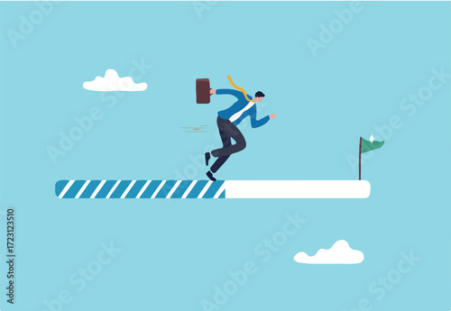Progress or journey to success or achieve goal, business step or career path, mission or challenge to succeed, improvement concept, ambitious businessman run on progress bar to achieve success flag