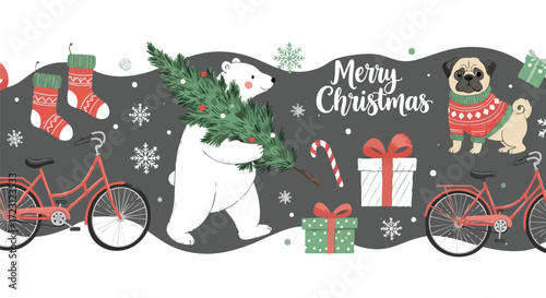 Joyful polar bear carrying Christmas tree with pug in sweater celebrating holiday spirit and winter fun