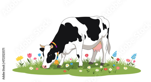 A black and white cow grazes peacefully in a field of colorful flowers.