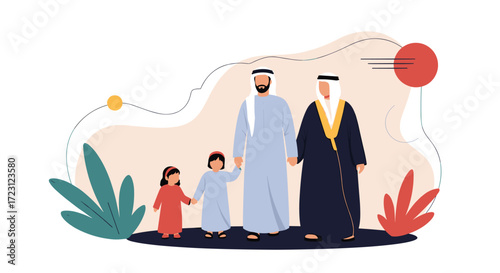 A loving arab family standing together with their two young children outdoors.