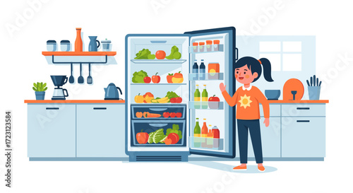 A young girl stands by an open refrigerator filled with fresh fruits vegetables and other food items in a bright kitchen.
