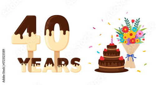 Celebrating forty years of life with a delicious chocolate cake and a vibrant bouquet of flowers
