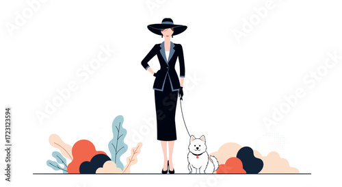 Elegant woman in a stylish black suit walks her fluffy white dog in a park with abstract plants.