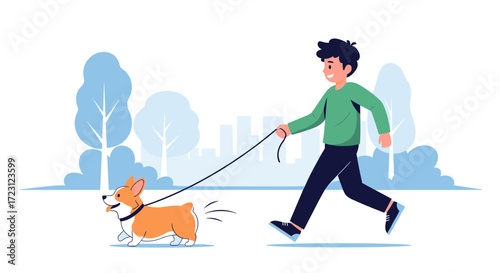 A happy person walks their adorable corgi dog on a leash in a park.