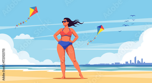 A woman in a bikini stands confidently on a sandy beach flying kites in the wind with a city skyline in the background.