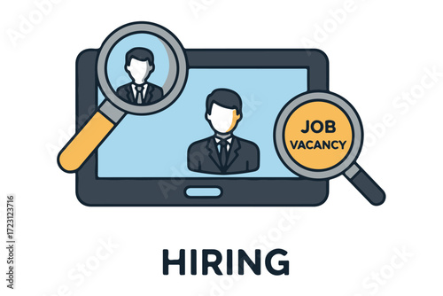 Tablet displaying job vacancy with magnifying glass and hiring text isolated on Transparent Background