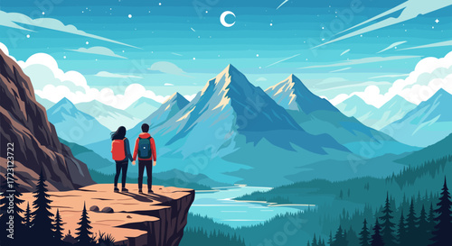 Couple holding hands on cliff overlooking a vast mountain landscape with a lake and moon.