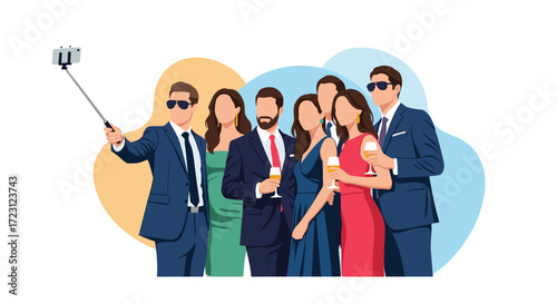 A diverse group of friends in formal attire captures a celebratory selfie moment together at an event.