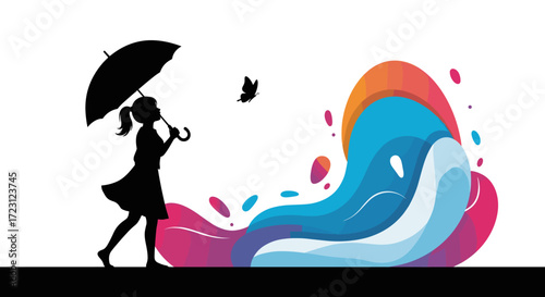A silhouette of a girl holding an umbrella with a butterfly flying nearby next to abstract colorful water splashes.
