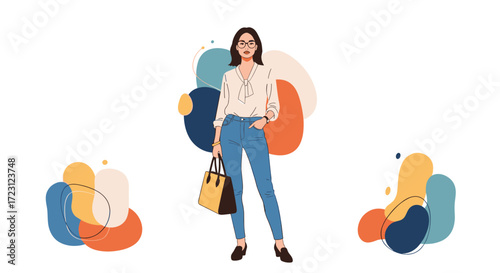 Stylish woman in casual fashion standing with a handbag and abstract shapes background.