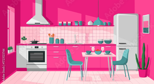 A vibrant and stylish kitchen design featuring modern appliances and playful pink accents for a cheerful atmosphere.