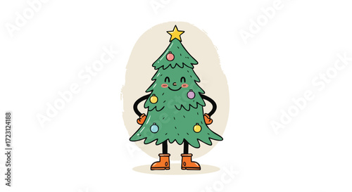 Whimsical Christmas tree character beaming with joy, wearing festive ornaments and boots, ready for holiday cheer