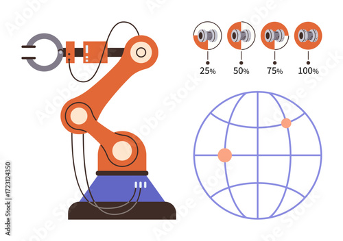 Wallpaper Mural Robotic arm performing tasks, global network diagram, and progress levels indicating workflow percentage. Ideal for automation, manufacturing, technology, logistics, robotics, innovation global Torontodigital.ca