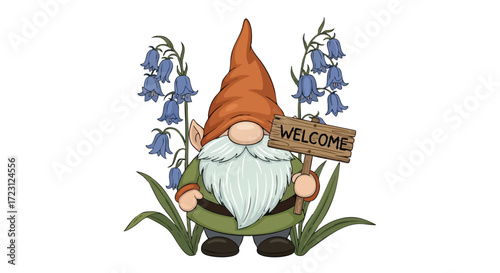 Adorable gnome holding welcome sign surrounded by bluebells for charming garden decor or greeting card designs adds whimsical touch
