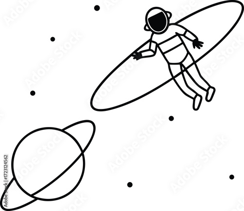 astronaut floating near saturn rings line art illustration