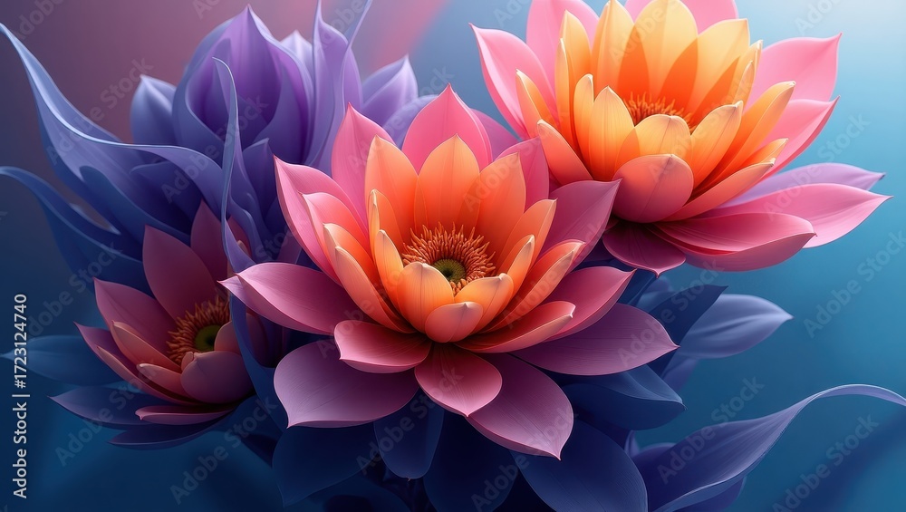 Fototapeta premium Vibrant, stylized blossoms in shades of pink, orange, and purple, arranged in a dynamic, close-up composition.