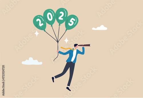 Year 2025 vision, achievement or plan for success, career target or economic forecast, aspiration to work success, new year resolution concept, businessman flying with 2025 balloons with telescope