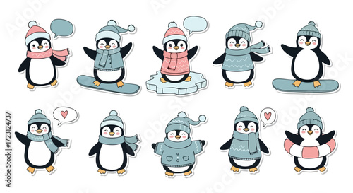 Adorable cartoon penguins dressed for winter fun, snowboarding, and playing, perfect for festive designs and cute sticker collections.