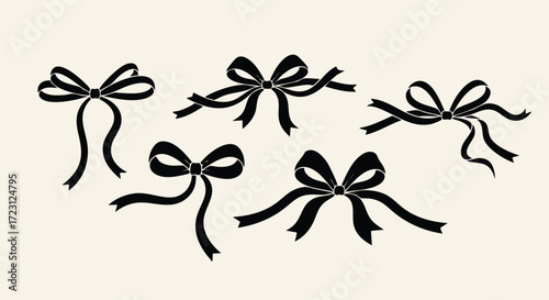 Elegant black ribbon bows in various dynamic arrangements perfect for festive decoration, gift wrapping, and premium branding accents
