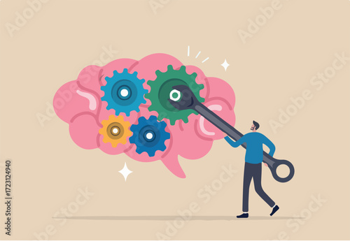Brain intelligence, fix or adjust creativity thinking, wisdom or improve knowledge learning, tune attitude level or idea development concept, man using wrench adjust gear cogwheels in human brain