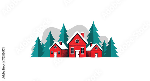 Charming winter village scene with red houses and snowy roofs surrounded by evergreen trees creating a cozy holiday atmosphere for festive designs