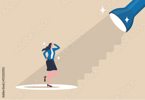 Career guidance or advice to step up career path, business direction or spotlight to success, discover talent or job candidate concept, flashlight staircase light beam to step up for businesswoman