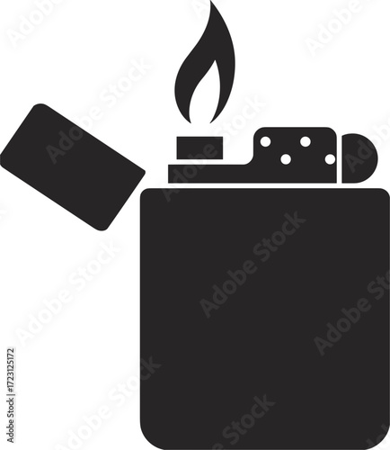 Black silhouette icon of an open lighter with a flame fire ignition