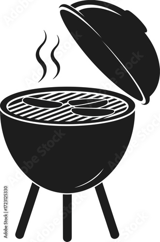 Black silhouette of a barbecue grill with sausages and smoke cooking food