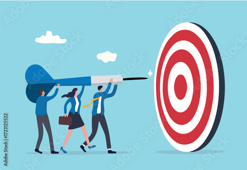 Team business goal, teamwork collaboration to achieve target, coworkers or colleagues with same mission and challenge concept, businessman and woman people help holding dart aiming on bullseye target.