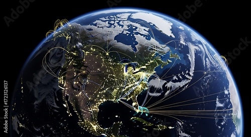 Global network connections over North America from space at night.