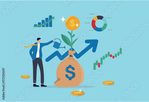 Investment growth, growing money to earn profit from savings, increase wealth from stock market or trading, mutual fund or assets concept, businessman watering grow money with rising financial chart