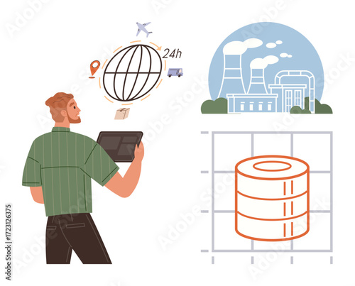 Man holding tablet assessing logistics data, distribution, industry visuals, servers, and global network systems. Ideal for logistics, data management, technology, industry supply chain business