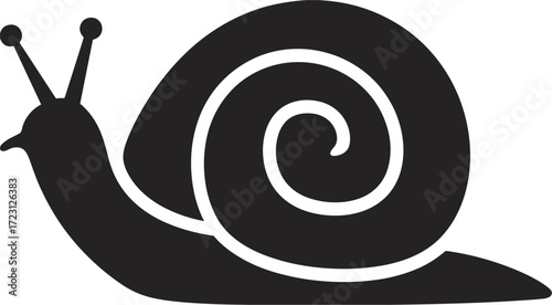 Black silhouette of a snail with a spiral shell and antennae mollusk gastropod