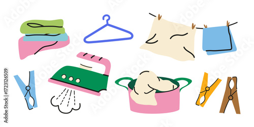 Home laundry and cleaning facilities cartoon set. Clean clothing, clothespins, iron, hanger. Themes of household organisation and cleaning. Vector illustration