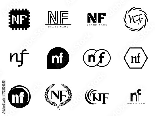 NF logo company template. Letter n and f logotype. Set different classic serif lettering and modern bold text with design elements. Initial font typography.