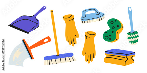 House cleaning cartoon doodle stickers in groovy style. Cleanliness concept. Sponge, brush, rag, cleaners, gloves, mop, toilet brush. Housework vector illustration