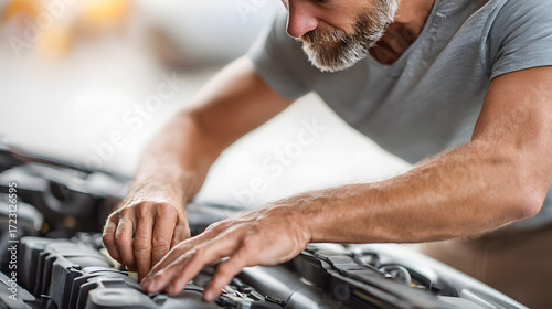 an experience car mechanic is diligently repairing an engine. His focused attention and steady hands indicate his expertise in the field