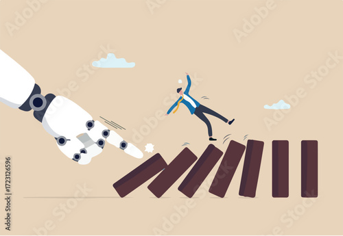 AI to disrupt human work, Artificial intelligence impact or challenge, job uncertainty future, innovation effect, AI change concept, AI robot arm push to collapse domino, businessman falling down.