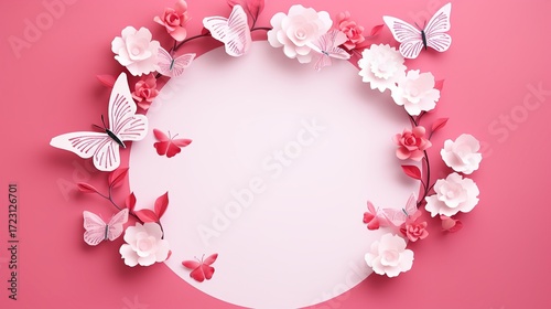 Circular arrangement of paper flowers and butterflies on pink. Generative AI