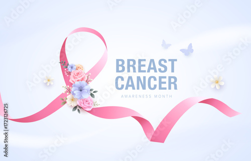 Breast cancer awareness background with pink ribbon with rose and butterfly design. Banner template with gradient light blue color. Vector illustration.