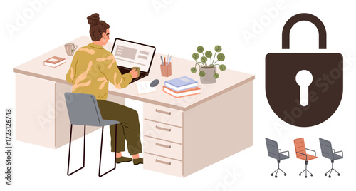 Woman typing on laptop at modern office desk, surrounded by books and plants. Security lock icon emphasizes data protection and privacy. Ideal for cybersecurity, remote work, IT, and digital safety