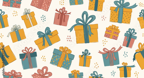 Holiday joy seamless pattern with colorful gift boxes and ribbons for wrapping paper designs and festive backgrounds perfect for celebrations