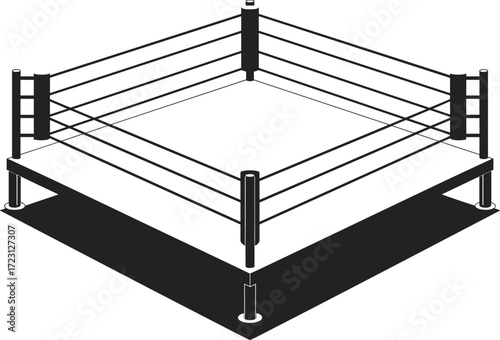 Boxing Ring Silhouette Isometric View with Ropes and Posts Keywords: boxing ring, sports