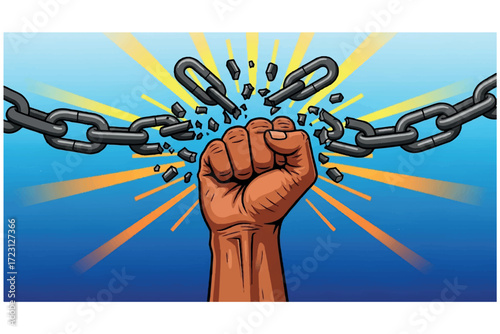 A powerful fist breaks chains, symbolizing freedom and strength against oppression