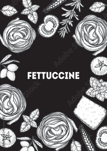 Traditional Italian pasta sketch. Fettuccine frame. Italian food. Staple food. Hand drawn vector illustration. Background for packaging, menu. Top view. Not AI