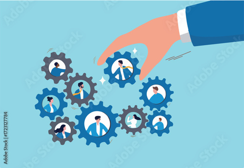 Solution for team, building organization, people management or career development, job position to help success, skill or efficiency concept, businessman hand put new employee to fix cogwheel gears