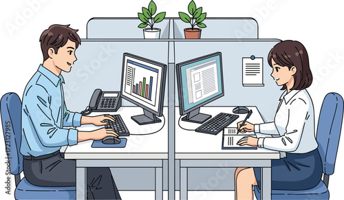 Business office workspace with man and woman working on computers, modern cubicle desk setup, teamwork, data analysis illustration.