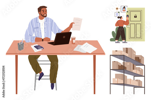 Man working with documents on a laptop, secure access system, organized storage shelves, cup and pens. Ideal for productivity, workplace, organization, security, management clerical tasks workflow